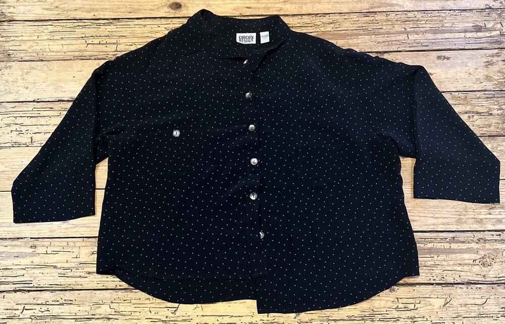 Chico’s Women’s Size 3 Black Polka Dot Long Sleeve Button Up NWOT